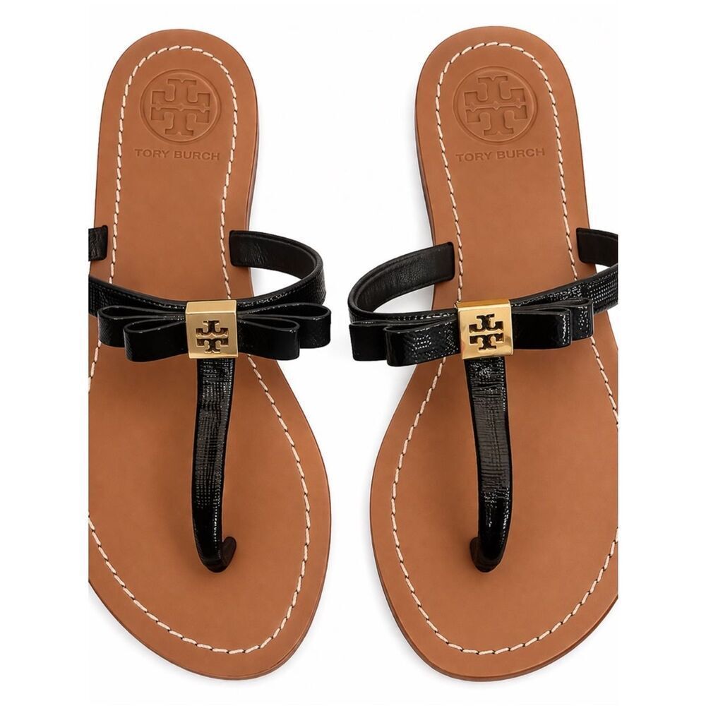 Tory Burch Black Patent Leather Bow Thong Sandals with Gold Logo